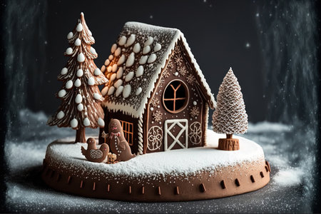 Large handcrafted gingerbread house coated in snow a sugar mastic snowman and a gingerbread Christmas tree at night. mockup for holiday cards and special offersの素材