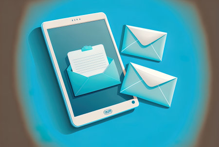 On a painted blue background message symbols include a white paper envelope a digital tablet and a cellphoneの素材