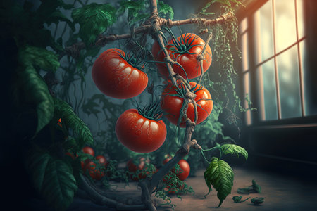 In a greenhouse ripe tomato plants are growing. On a branch in an organic food garden a fresh bunch of red natural tomatoes. Organic farming wholesome food BIO products and a return to nature phiの素材