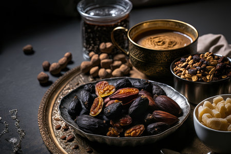 Muslim iftar food prepared traditionally with room for copy. Dates almonds dried fruit and coffee during Ramadan kareem. Iftar theme during Ramadan with rosaryの素材