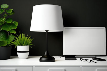 On a contemporary white work desk with a black fashionable table lamp dÃ©cor green plants a printer and stationery on the side there is a realistic blank empty area. Display of products backdrops and templatesの素材