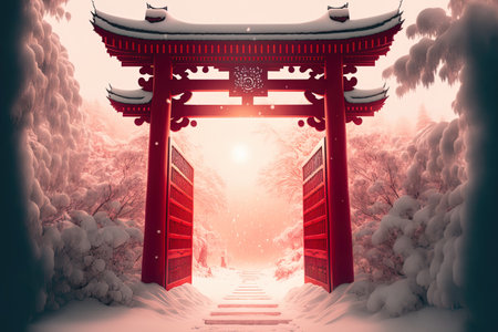Snowy red gate open with inside light. Asian temple architecture isolated on a crimson backdrop. Concept of a fresh start and welcomeの素材
