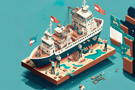 Isometric illustration idea of workers constructing a ship for use in a banner website illustration landing page flyer etcの素材