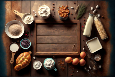 Ingredients from bakeries for DIY bread baking or frying on a table. Background texture of food on wooden tabletop close to wall with copy space. Conceptual bakery front viewの素材