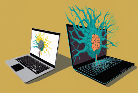 Neural networks and machine learning idea are shown twice in the backdrop of the image together with a contemporary laptopの素材