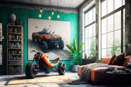 Modern living area bathroom with bathtub cozy couch pillows on leather armchair artwork on wall scooter on concrete floor with skin carpet and loft style interiorの素材