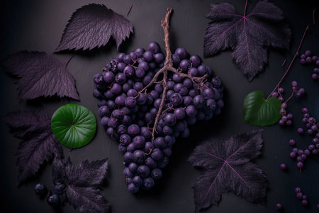 Natural organic purple background with black grapes that are ripe and luscious. Flat Lay Top View. Rustic Design. Concepts of agriculture in rural villages a single colorの素材