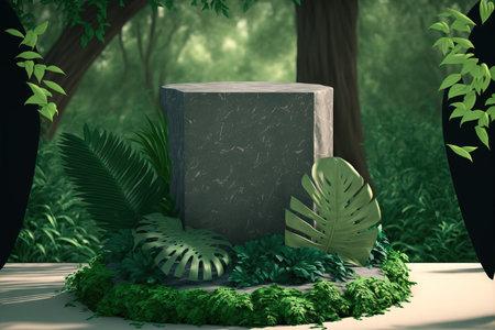 Natural stone and concrete podium with a background of natural greenery for a demonstration of packaging products. The green leafy backdrop that serves as the background for cosmetic items. Misrepreseの素材
