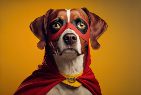 Halloween or carnival costumes for dogs include a crimson cape and a superhero mask. solitary on a yellow backdropの素材