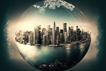 International commerce idea multiexposure abstract creative globe map interface on san francisco cityscapeの素材