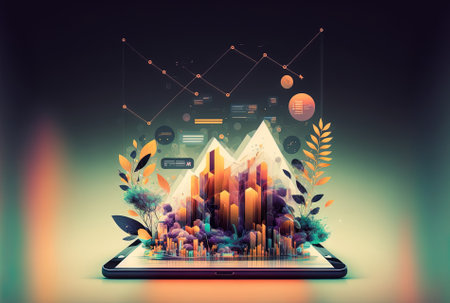 Research and strategy concept with a double exposure of an abstract creative financial chart and a digital tablet in the backdropの素材