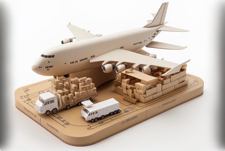 International shipping idea podium product stand with cardboard boxes around it along with a ship carrying goods an aircraft a vehicle and a truck all on a white backdropの素材