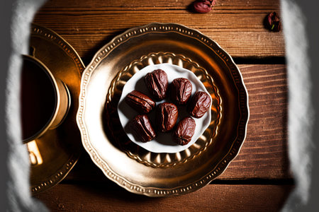 View from above of a silver plate with dates coffee cups and a dark red wooden backdrop. Background of Ramadan. Karamatul Ramadanの素材