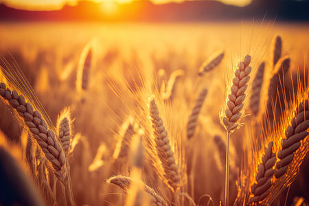 Wheat field. Ears of golden wheat close up. Beautiful Nature Sunset Landscape. Rural Scenery under Shining Sunlight. Background of ripening ears of meadow wheat field. Rich harvest Conceptの素材