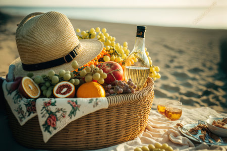 Outdoor summer picnic with fruit and wine a straw hat in an eco friendly design. romantic lunch by the shore with a sunset ocean viewの素材