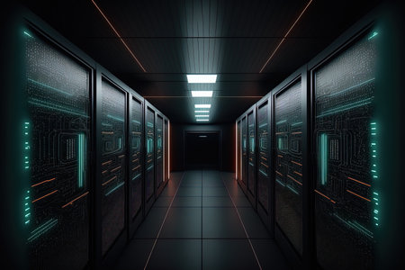 Inside of a functioning data center. Hosting computer cluster supercomputer virtual servers cloud computing or farm for mining digital currenciesの素材