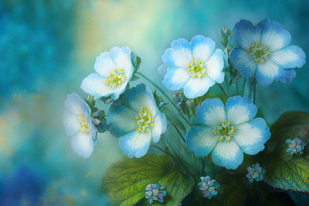Primroses in the springtime in a forest with gorgeous blue backgrounds. background with a soft sky blue blur. Background of floral nature with blank area for text. Romantic delicate and creative imの素材