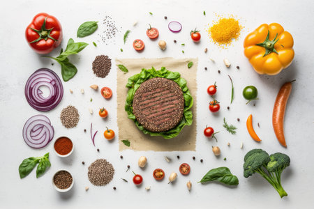 Preparing healthy meals is a central theme in food photography. Veggies and a homemade burger cutlet made from organic ground beef sit on a white table. Top down flat lay copy space backgroundの素材