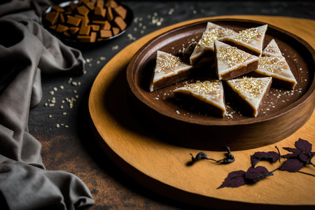 Traditional Indian cashew paste sugar and mava or khoya are combined to create the diamond shaped dessert known as Kaju Katli. presented on a wooden dish against a shadowy backdrop. carob barfi theの素材