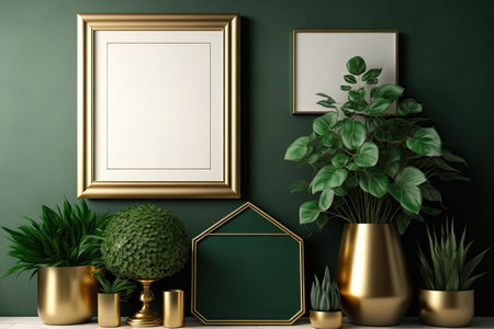 Vintage living room interior design with numerous plants in green pots vintage furnishings accessories and a gold-mocked picture frame on a beige wall. minimalist design idea for the home. Templateの素材