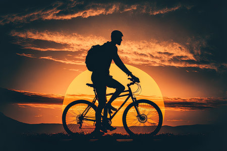 The shape of a guy riding a bicycle against the backdrop of the sunset or the silhouette of a cyclist against the gorgeous sky and sunの素材
