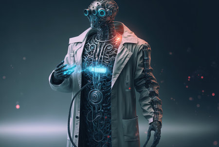 Robot headed doctor wearing a coat and using a stethoscope The future of medicine is the robotic physician. contemporary neural network technologies for artificial intelligence blended mediaの素材