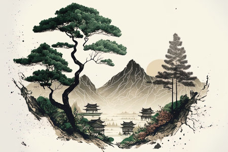 Pretty Korea mountains pine trees hanok rural natural scene ink painting and traditional Korean painting artの素材