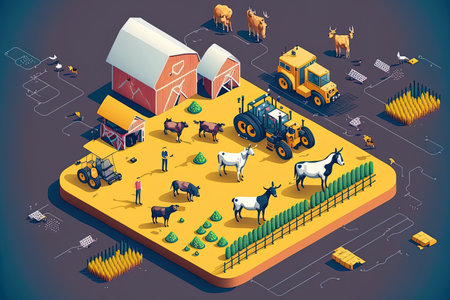 Robots and people working on a farm or field cyborgs tending cattle and harvesting may all be seen on the isometric main page for smart farming. automated village agricultural line art web bannerの素材