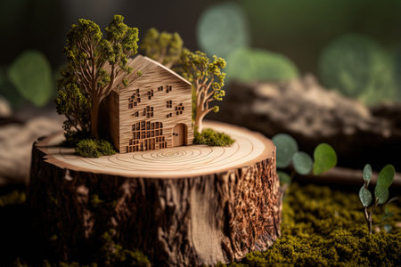 Outside on a tree stump are wooden home models. Conceptual representation of wood as a sustainable and renewable construction resource for wooden architectureの素材
