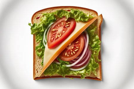 Sandwich made of toasted bread ham cheese tomatoes and lettuce. isolated top view on a white backdropの素材