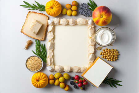 Shavuot flat lay on a light gray backdrop with wheat dairy goods and early fruits. Jewish Shavuot celebration frame top view with dairy products and fruitsの素材