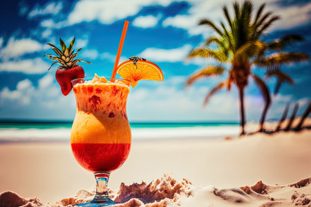 On a tropical beach with palm trees and vivid sand a cool fresh drink. Concept of a summer marine holiday and tripの素材