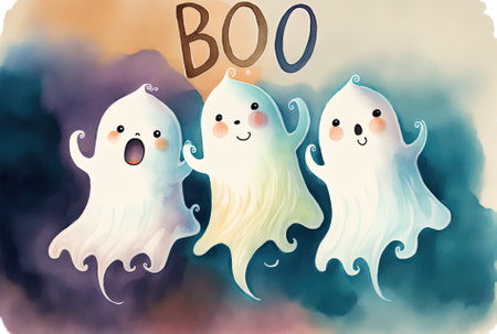 Three white ghosts floating in the air are depicted in a watercolor with the word boo. kids in cartoon form.の素材