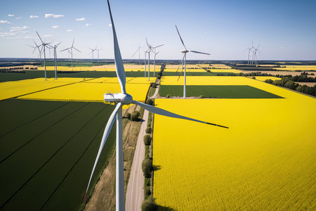 Wind turbines at a wind farm as seen from an aerial drone. Windmills in a grassy field in the country. wind energy facilityの素材