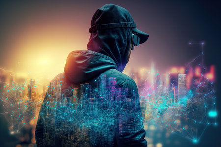hacker using glowing map with city hologram on blurry background abstract metaverse virtual reality concept building and digital mapの素材