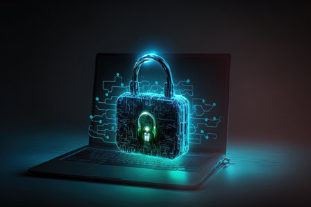 Secure hacking safety and protection concept featuring a hacker using a laptop with a unique glowing digital padlock hologram against a blurry dark backgroundの素材