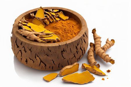 Sliced rhizome (root) and finely dry turmeric (Curcuma longa Linn) powder in wooden bow on white backgroundの素材