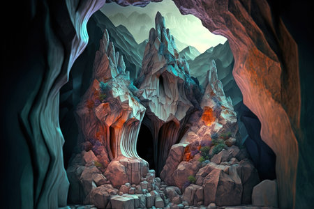Rock depression shown in raster form with marble pillars rocks mountains subterranean caves stones and gems Background of a marble dungeon with underground natural beautyの素材
