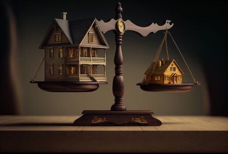 Real estate company mortgage with a wooden home and a golden currency on a balanced scale in the backdropの素材