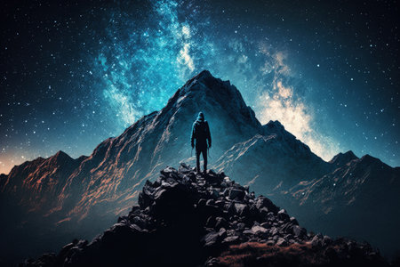 Traveler Man Silhouette Stand Top Mountain.Panorama blue night sky milky way and star on dark background.Universe filled with stars nebula and galaxy with noise and grainの素材