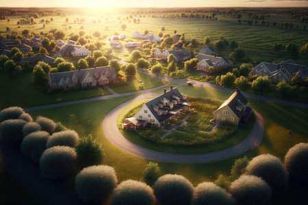 Sunrise aerial picture of a rural residential neighborhood with individual dwellings tucked amid verdant fieldsの素材