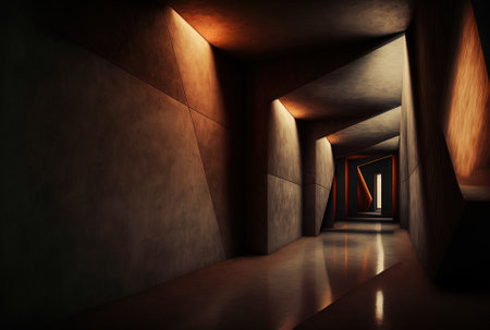 Smooth interior of a dark abstract brown concrete chamber. architectural history view of the lighted at night. exemplification andの素材