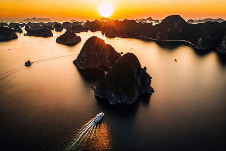 Sunrise and sunset as seen from the air at Rock Island in Halong Bay Vietnam. World Heritage Site by UNESCO. Ha Long Bay trip in a junk boat. a well known landmark and travel attraction in Vietnamの素材