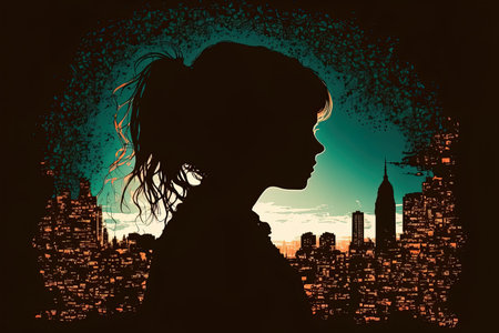 Silhouette of a cute young girl who pressed her face against the glass and looked out at the city from afarの素材