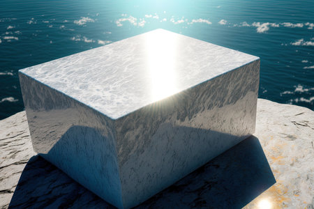 White granite product podium against a backdrop of rippled sunshine and the deep blue water as an ocean theme x9の素材