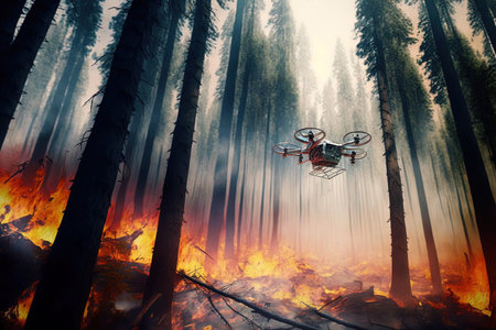 The fire service employs an airborne camera to trace a fire through forest trees in an ecological disasterの素材