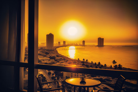 city skyline with sunrise from a contemporary hotel balcony in Pattaya. background information about vacationing in Thailandの素材