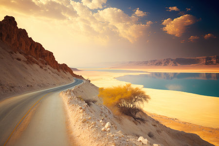 View of the dead sea from a winding sandy road in Israel that parallels the dead sea on one side and the Edom Mountains at the Arava Desert on the otherの素材