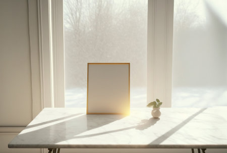 empty white marble table beige wallpaper backdrop lovely morning sunshine and shadow cast by window frame. Blank Mockup Products overlay Templates and Spaceの素材