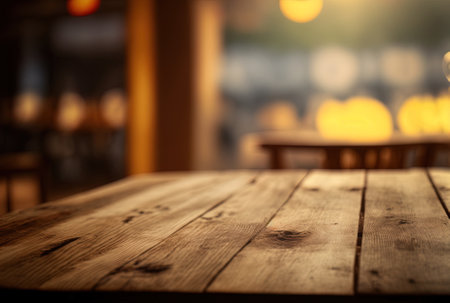 Unoccupied wooden board table in front of hazy background. brown wood in perspective with a blur at a coffee establishmentの素材